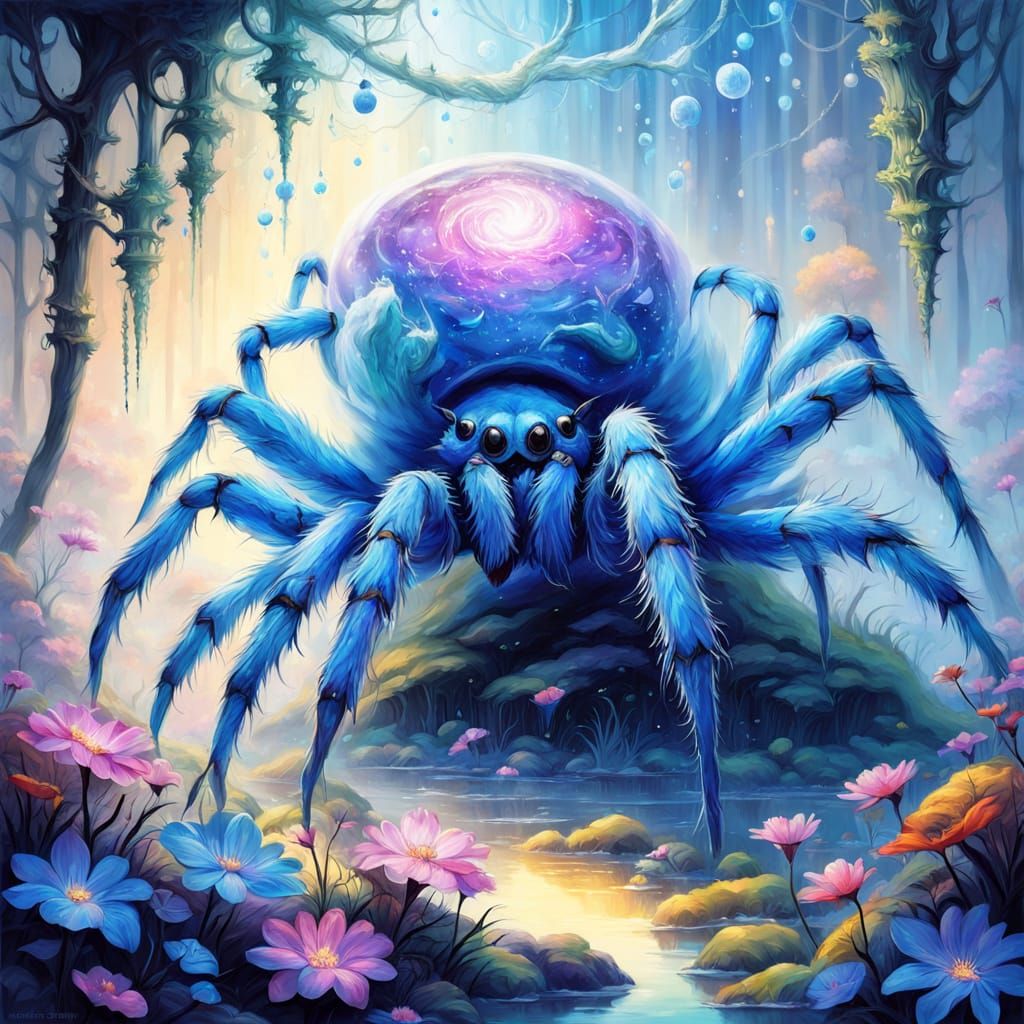 Whimsical Blue Spiders in Dreamy Ethereal Landscapes