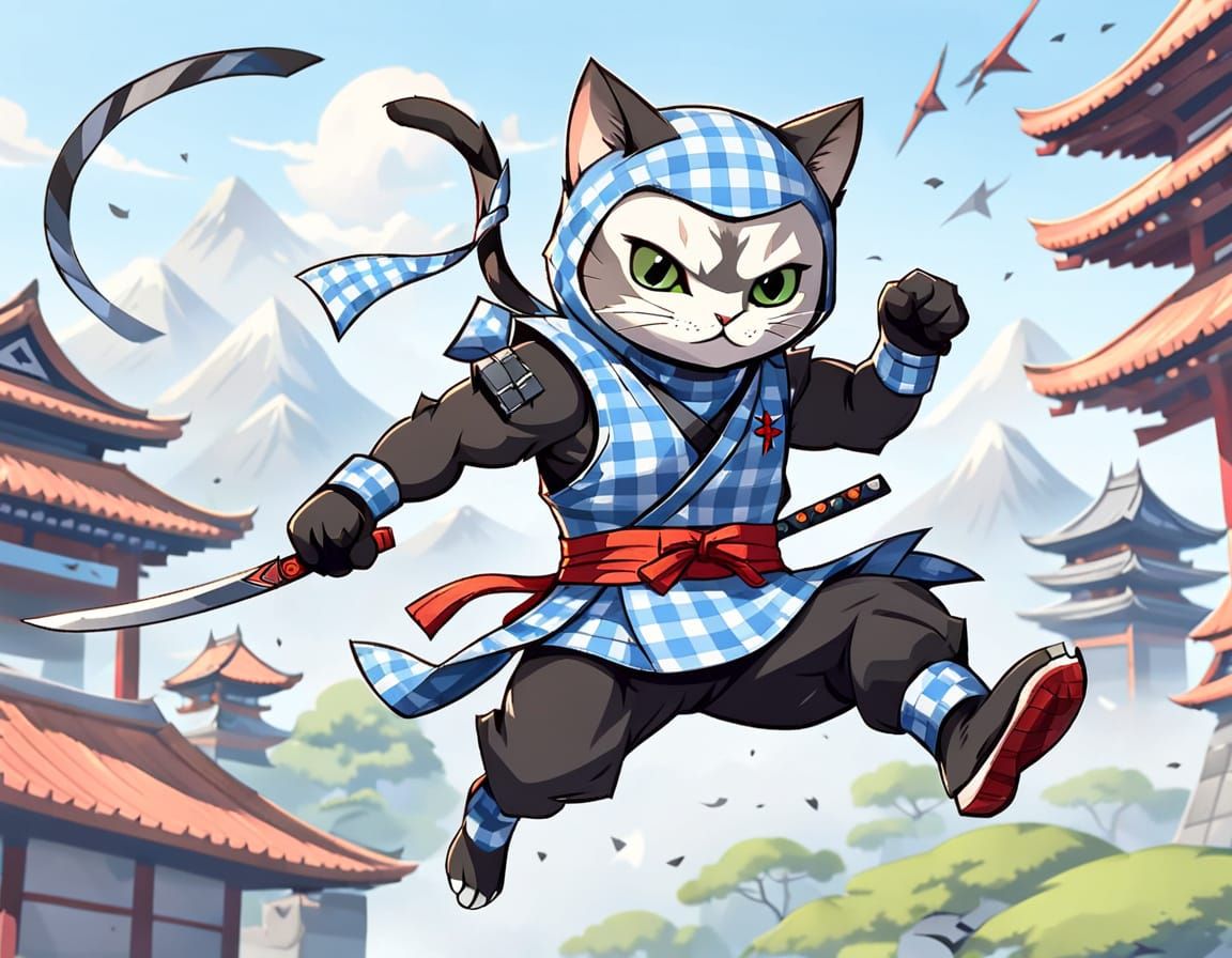 Gingham Ninja Cat Soars Through the Air