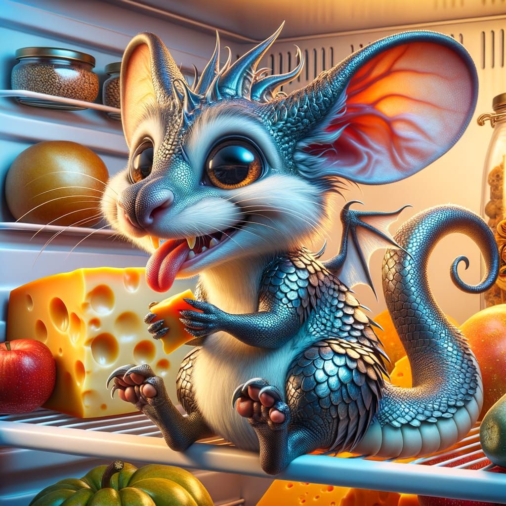 Fantasy Dragon-Mouse Hybrid with Cheese in Fridge