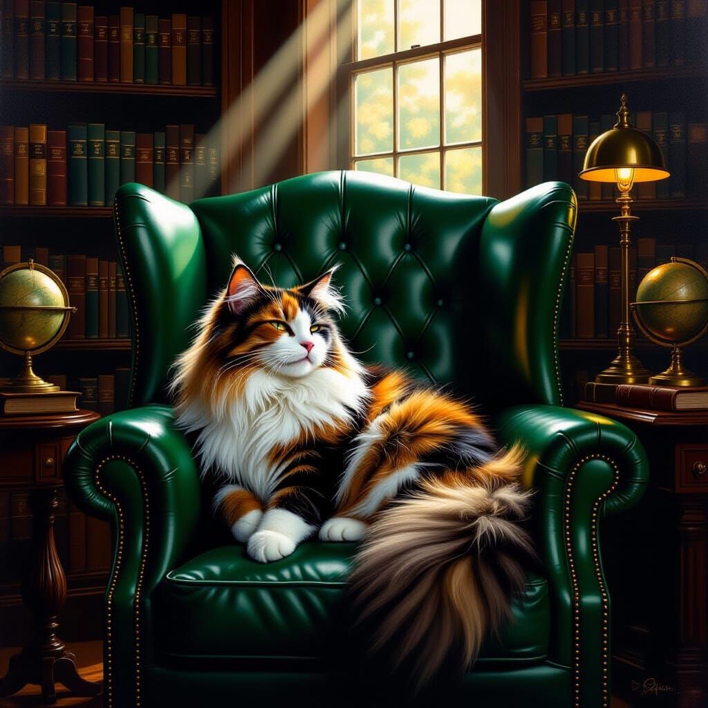 Cat Luxuriating in Emerald Armchair in Academia Library