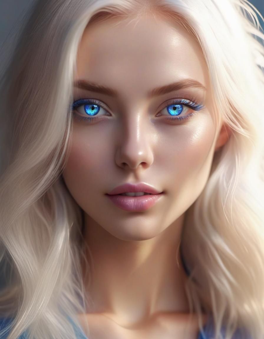Gorgeous woman with platinum blonde hair and sapphire blue eyes with sliver eyeshadow with blue eyeliner and shimmery pi...