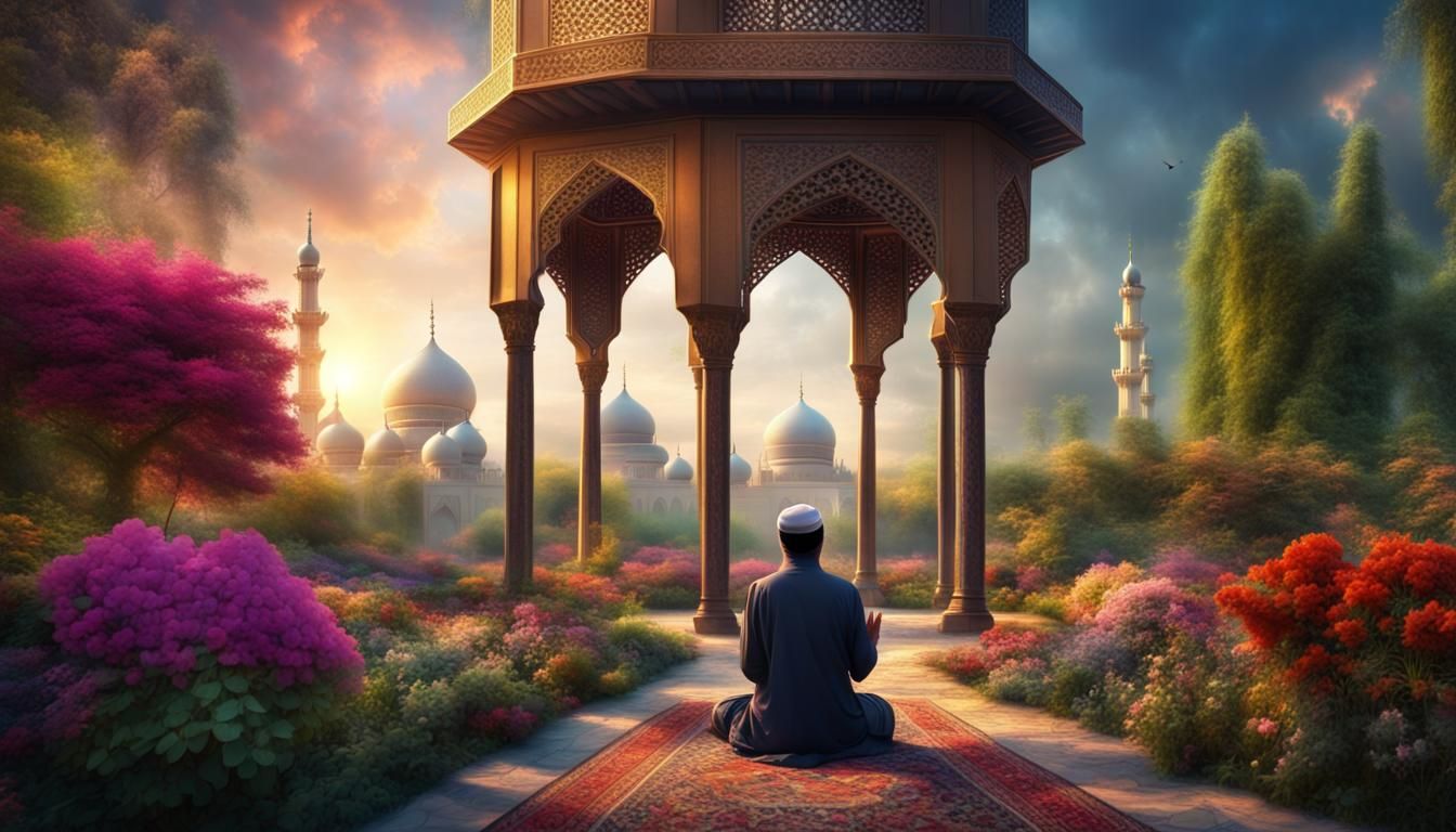 Muslim Prayer in a Multicolored Garden