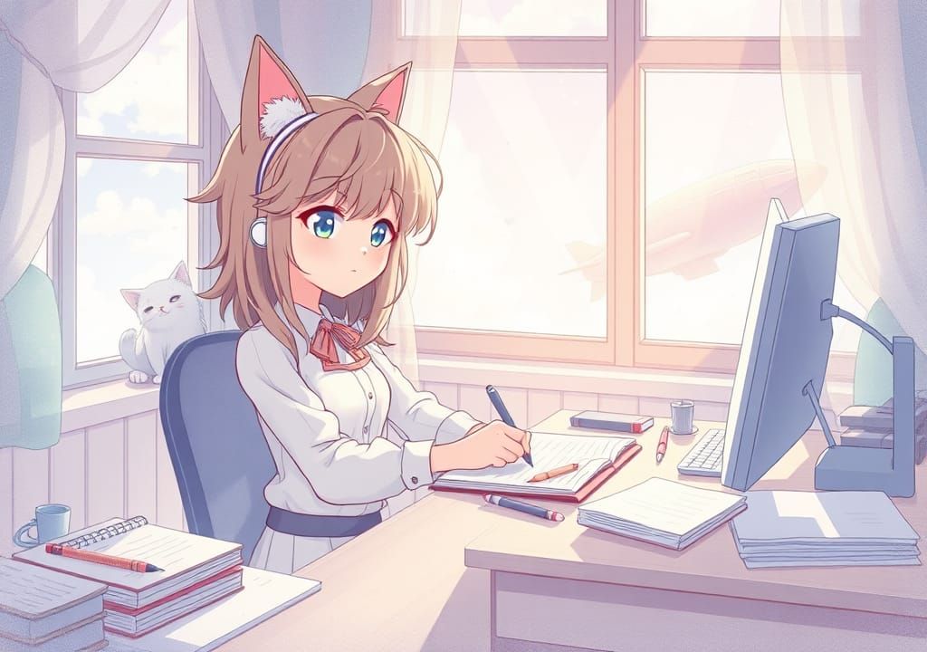 Chibi Catgirl Studying in Ethereal Anime Style