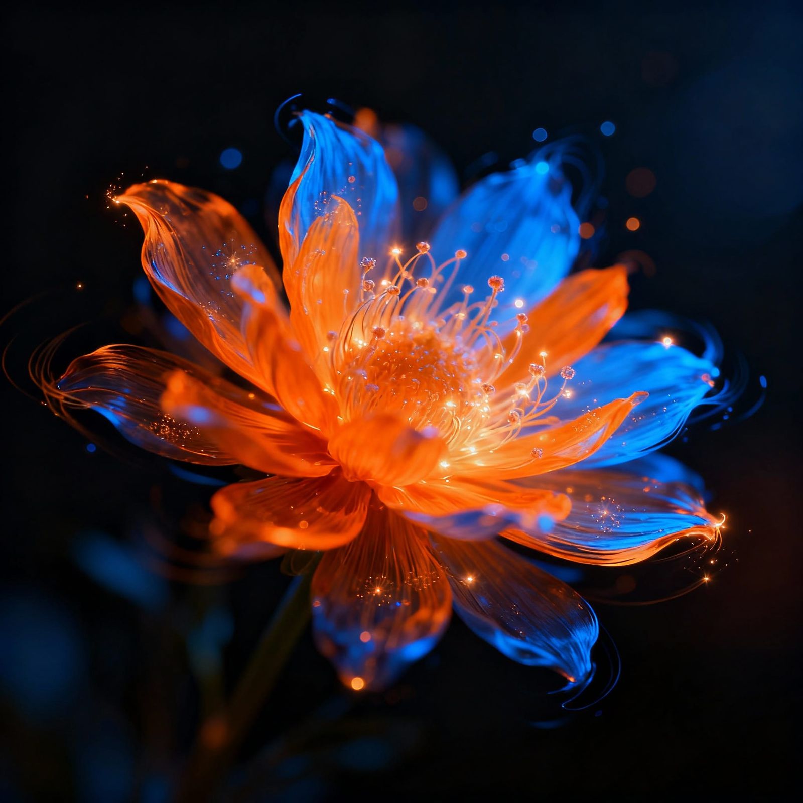 Luminous Digital Flower Art with Orange and Blue Petals