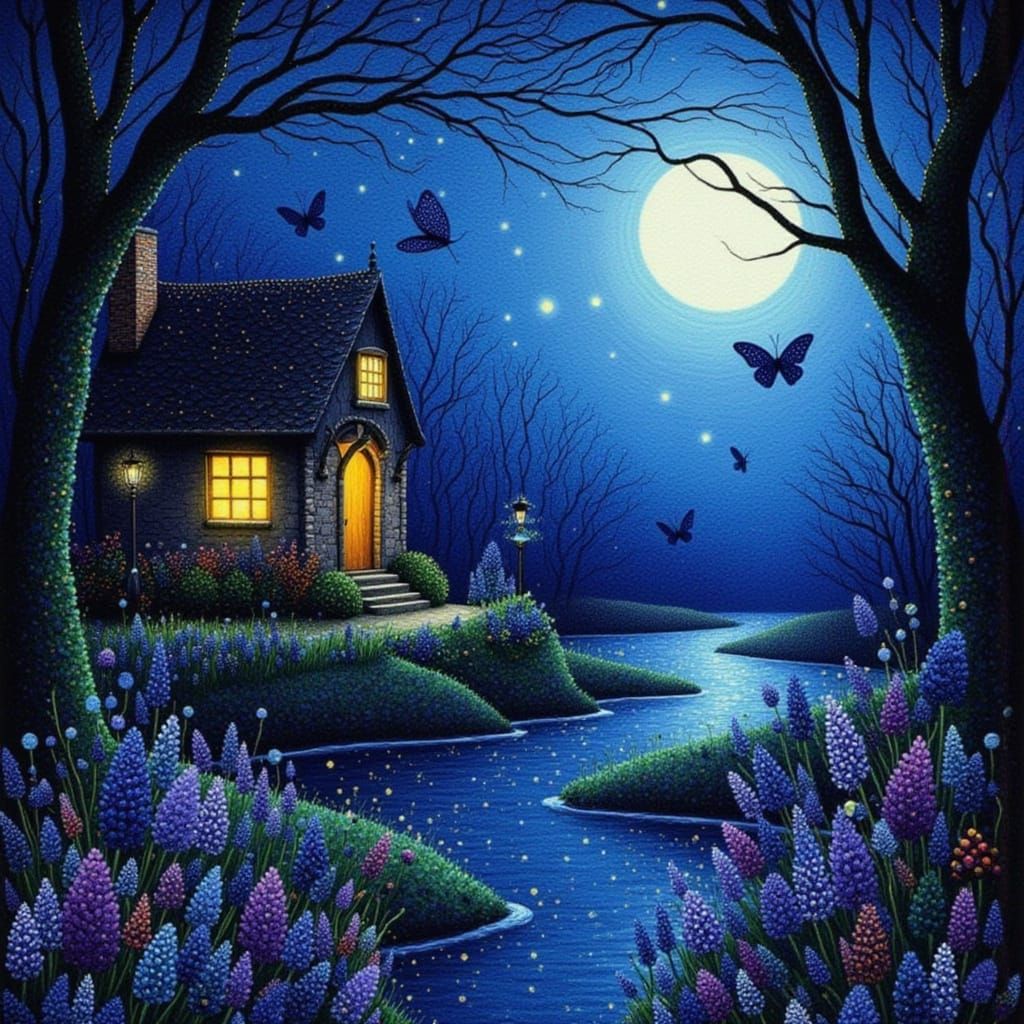 Fantastical Cottage by Moonlit River in Pointillist Style
