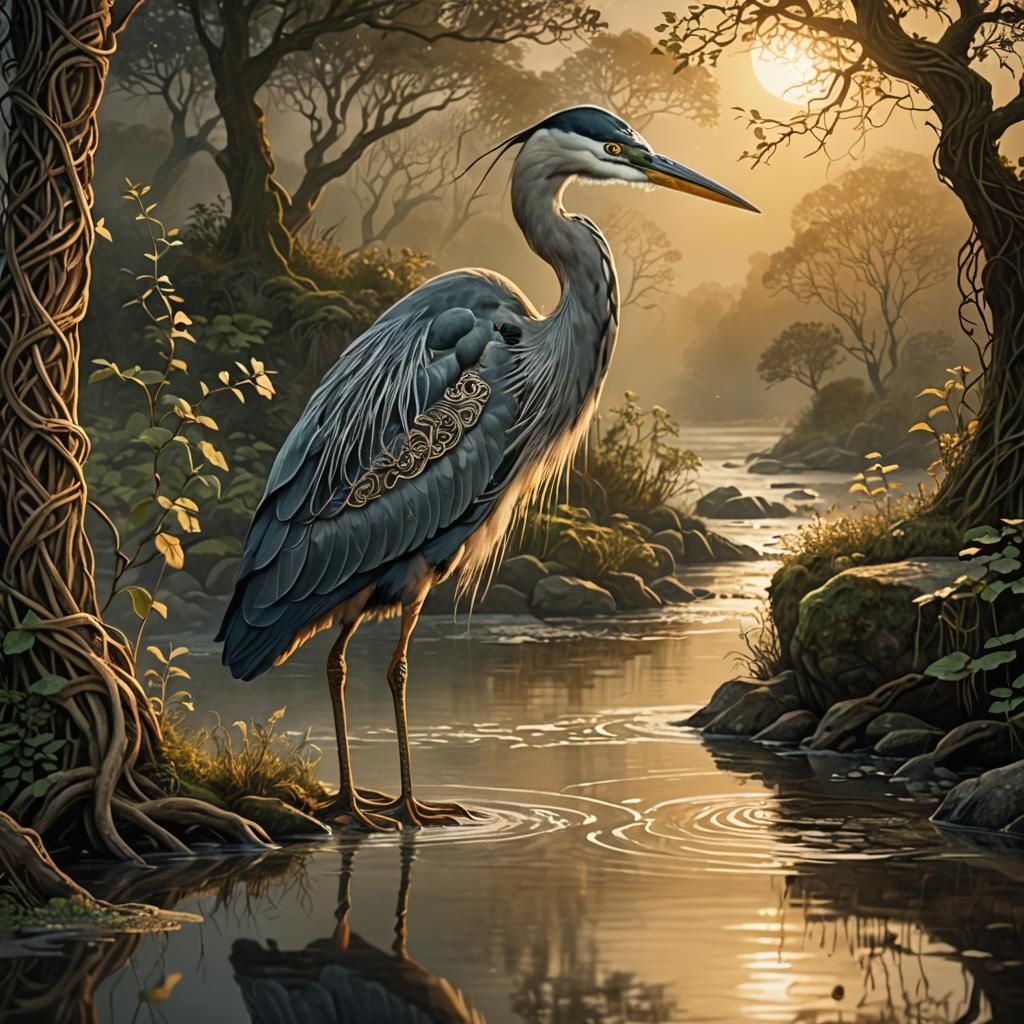 Heron by River with Celtic Knotwork Art