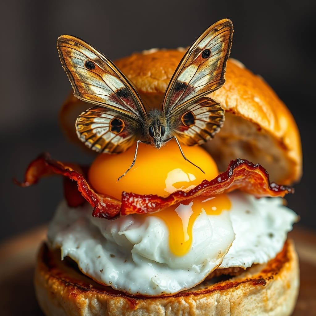 Confused butterfly on a fried egg inside of a bacon Whopper, macro photography