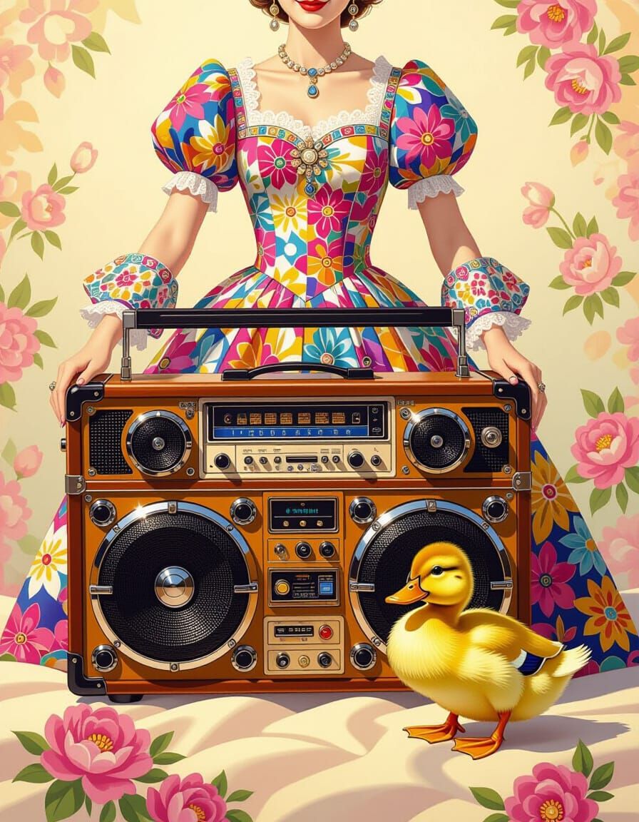 Colorful Boombox in Floral Dress with Duckling