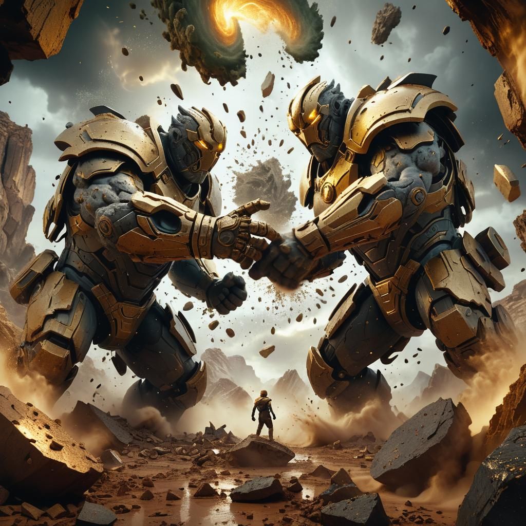 Epic Stone Elementals in a Hyper-Realistic Hyperbolic Battle