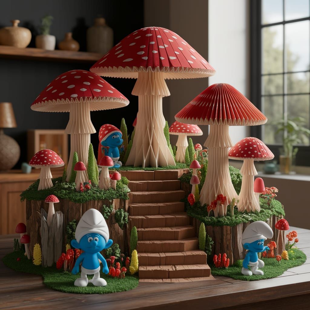 Whimsical Papercraft Fungi and Smurf Village in Natural Ligh...