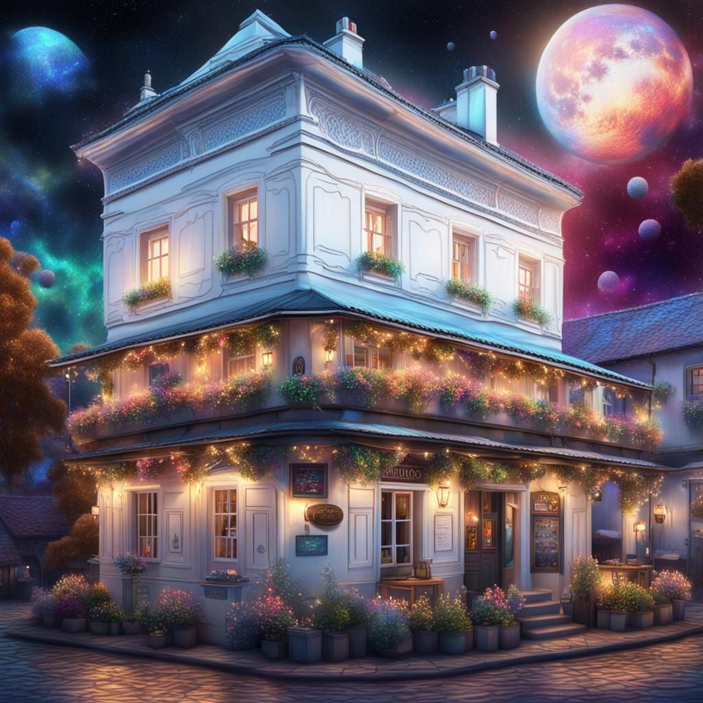 Quaint Village Pub in Cosmic Mixed Media Style