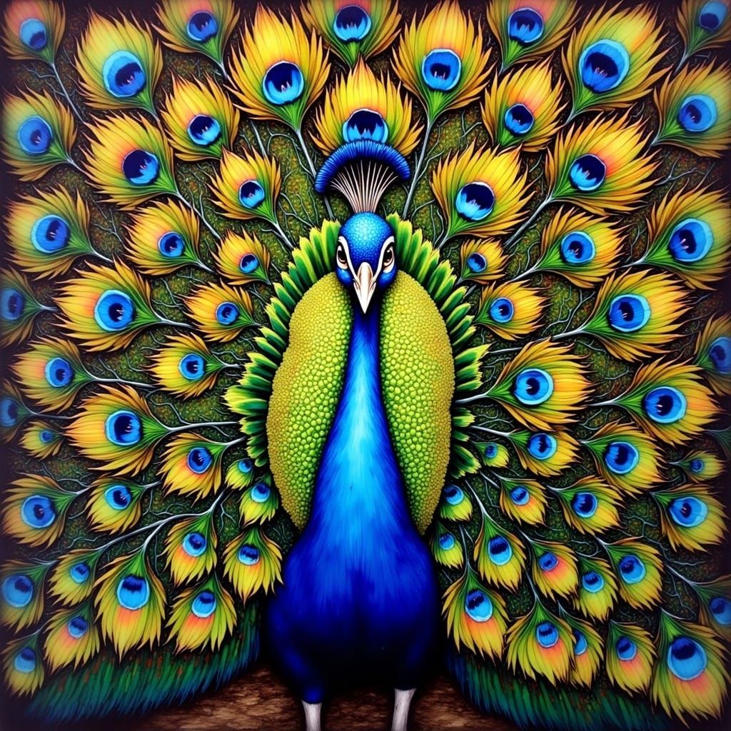 Surrealist Portrait of a Peacock in Full Vibrant Plumage