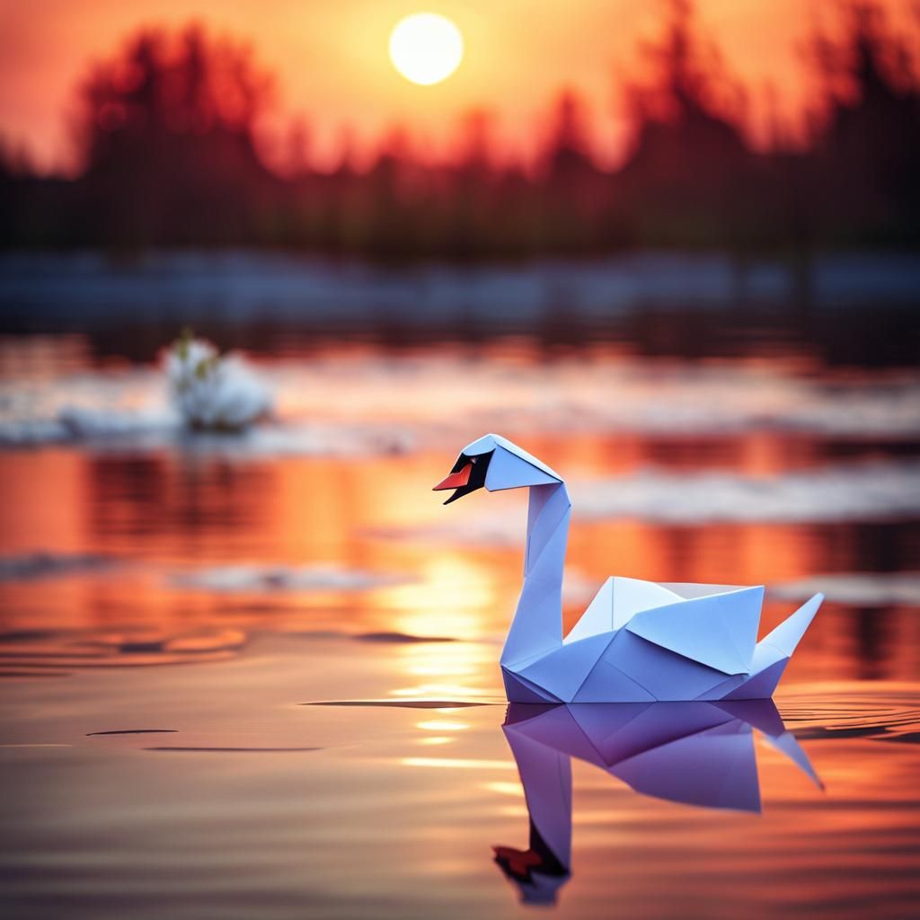 Cute Swan at Sunset in Origami Style