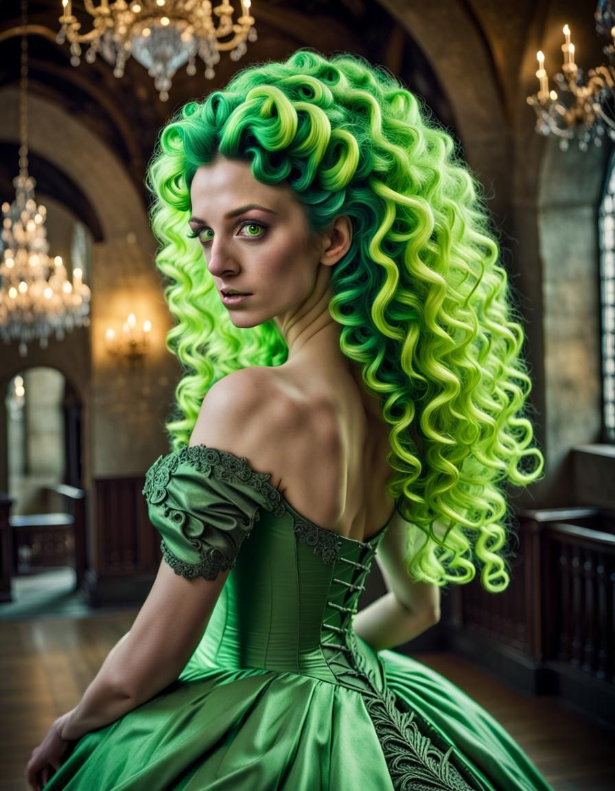 Fluorescent Green Hair in 15th Century Gown