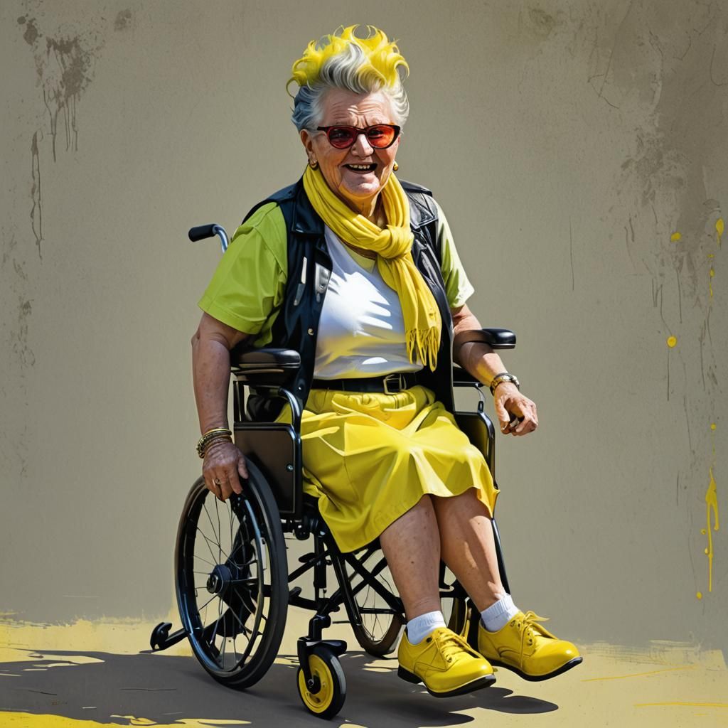 Hyperrealistic Granny with Fluorescent Mohawk in Wheelchair