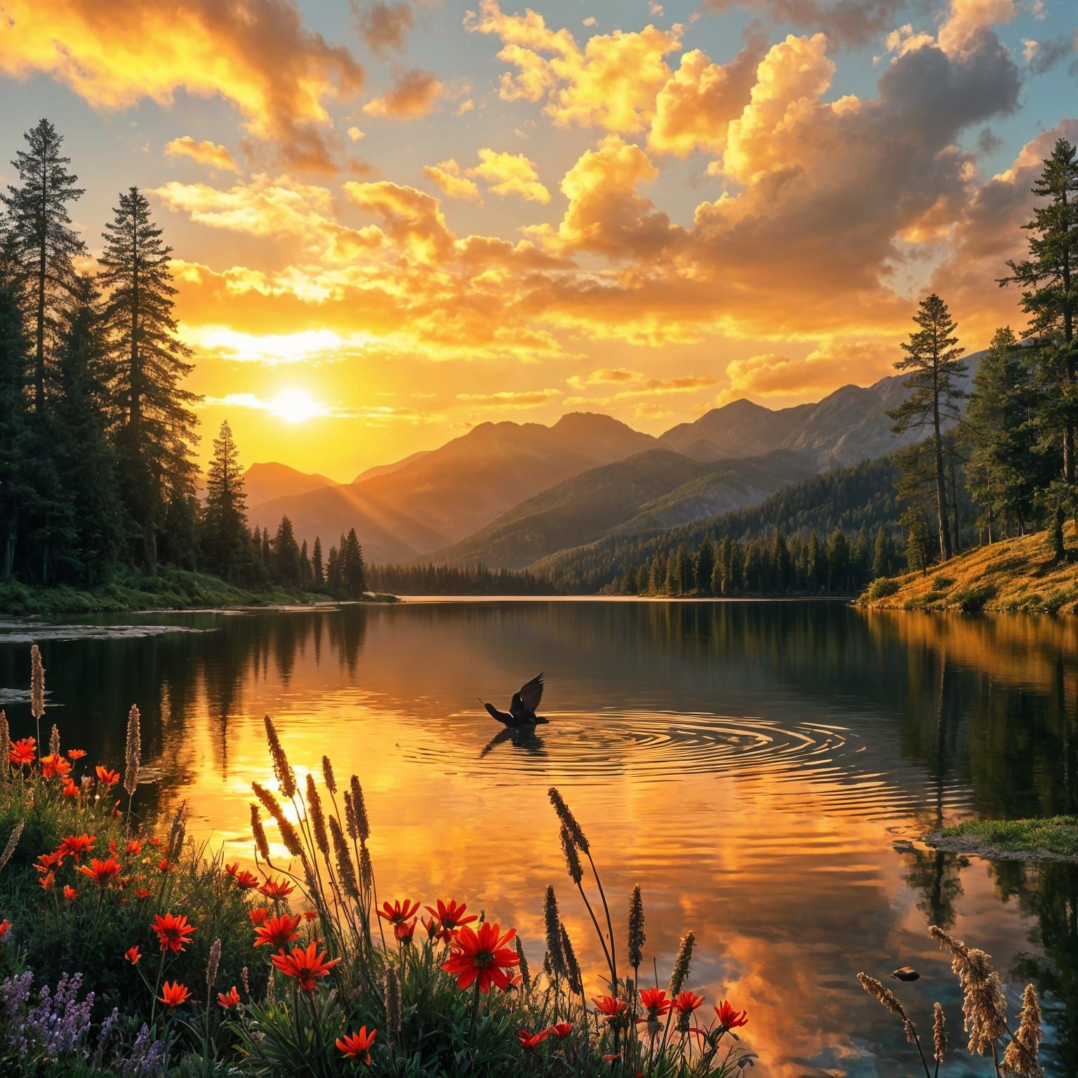 Golden Sunset Over Serene Mountain Lake