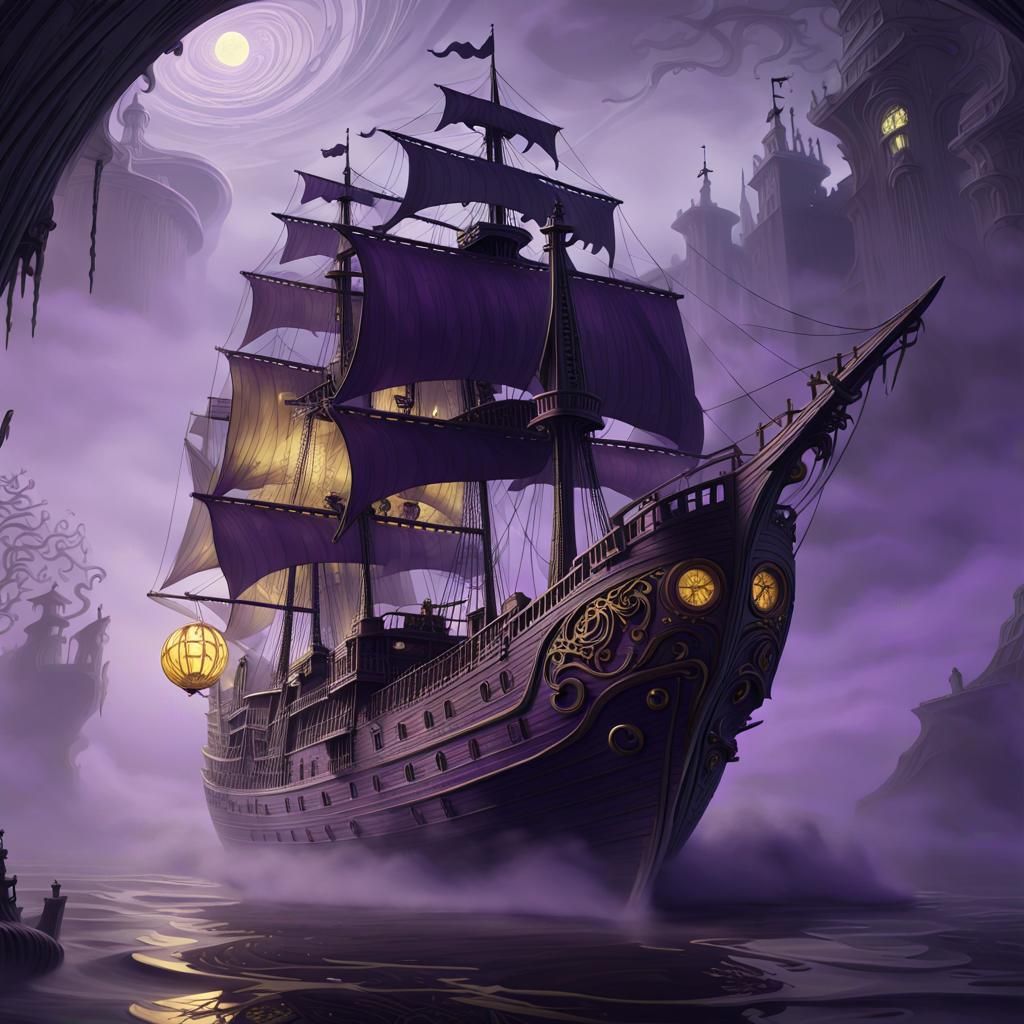 Haunted Ghost Ship Drifting in Eerie Mist