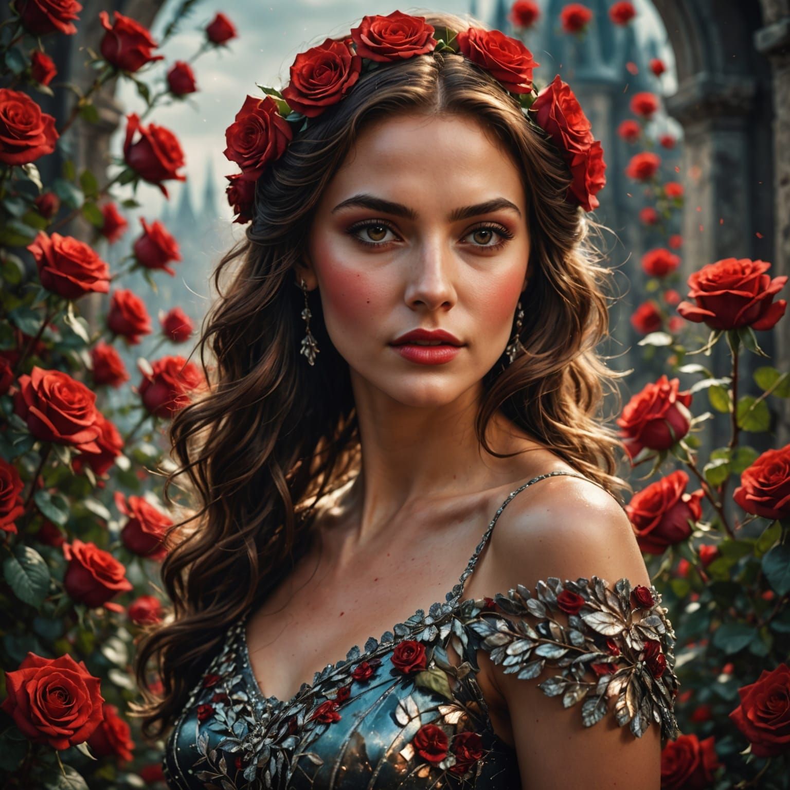 Athletic Goddess in Vibrant Shimmering Gown with Scarlet Ros...