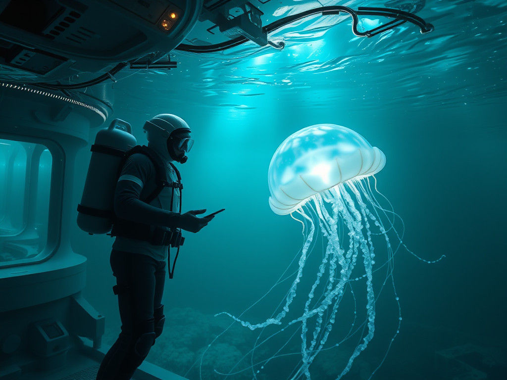 Underwater Research Facility with Glowing Jellyfish
