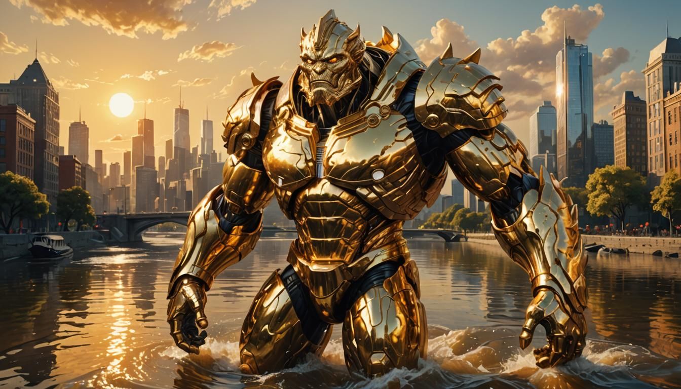 Golden Giant Cityscape in Digital Art Style