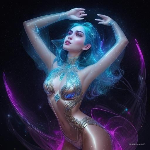 Woman Reaching for Stars in Hyperrealistic Splash Art