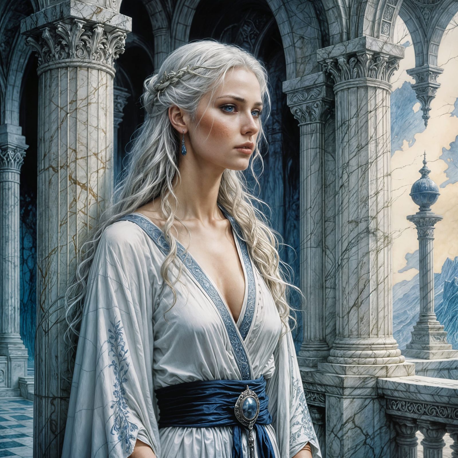 Female Sorceress in White Marble Hall: Dark Fantasy Art