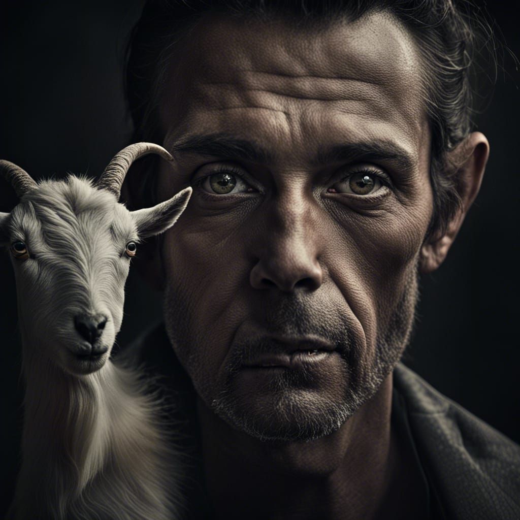 Man staring at goat.