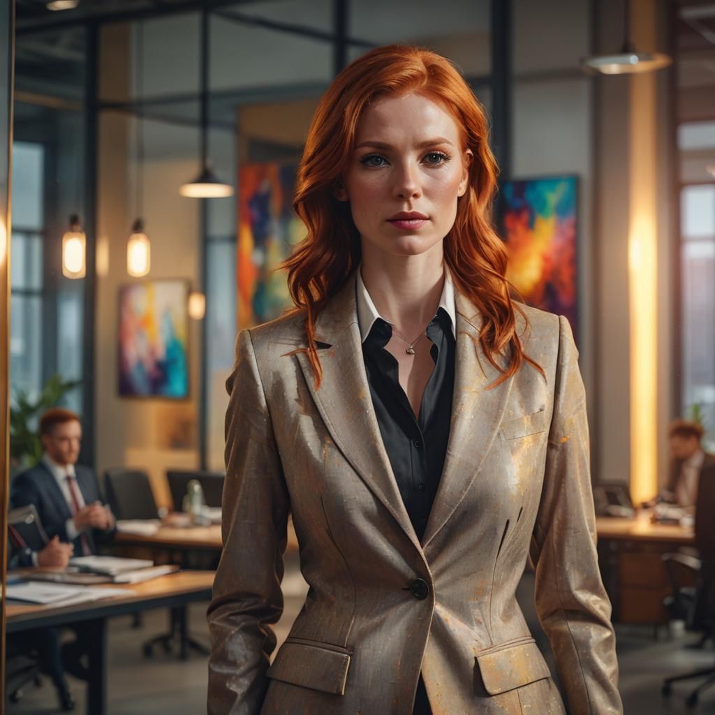 Red-Haired Woman in Business Suit: Oil Painting