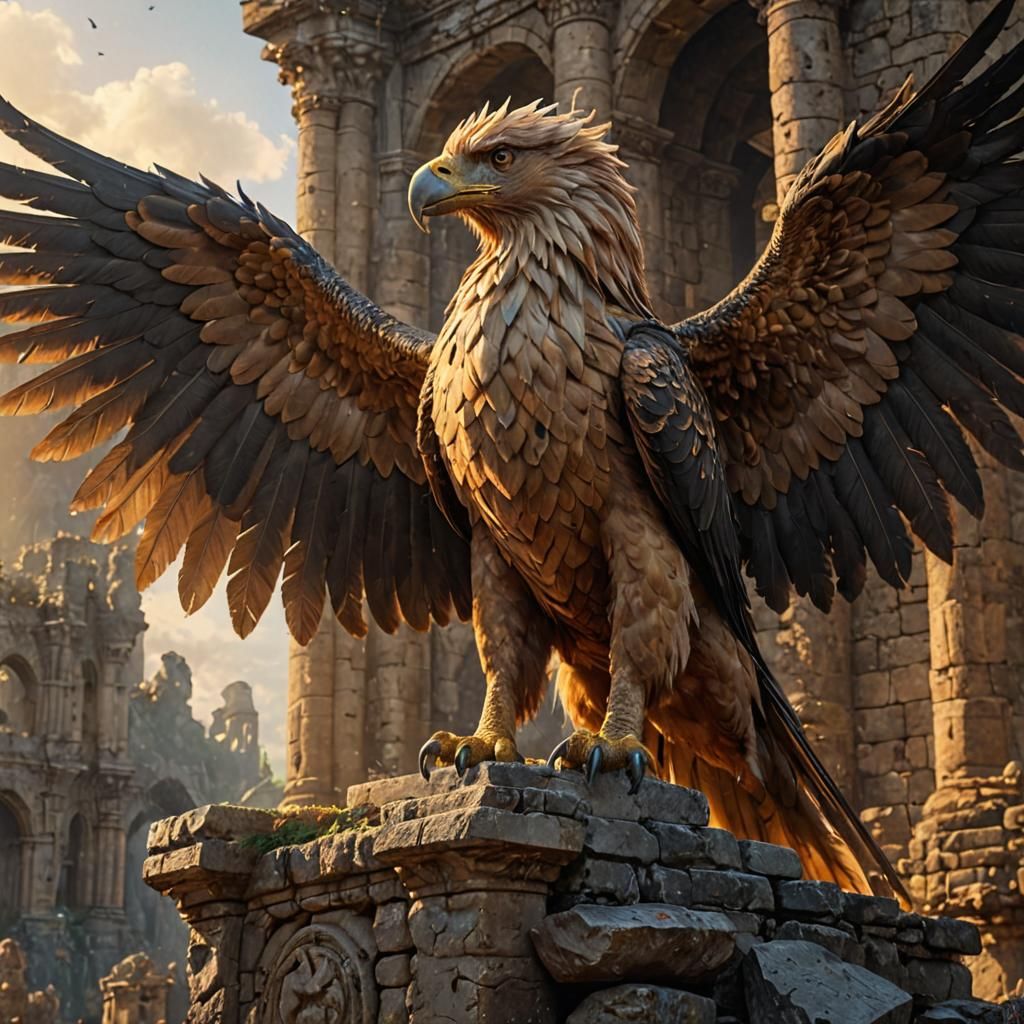 Glorious Griffin on Ancient Castle Ruins in Epic Fantasy Sty...