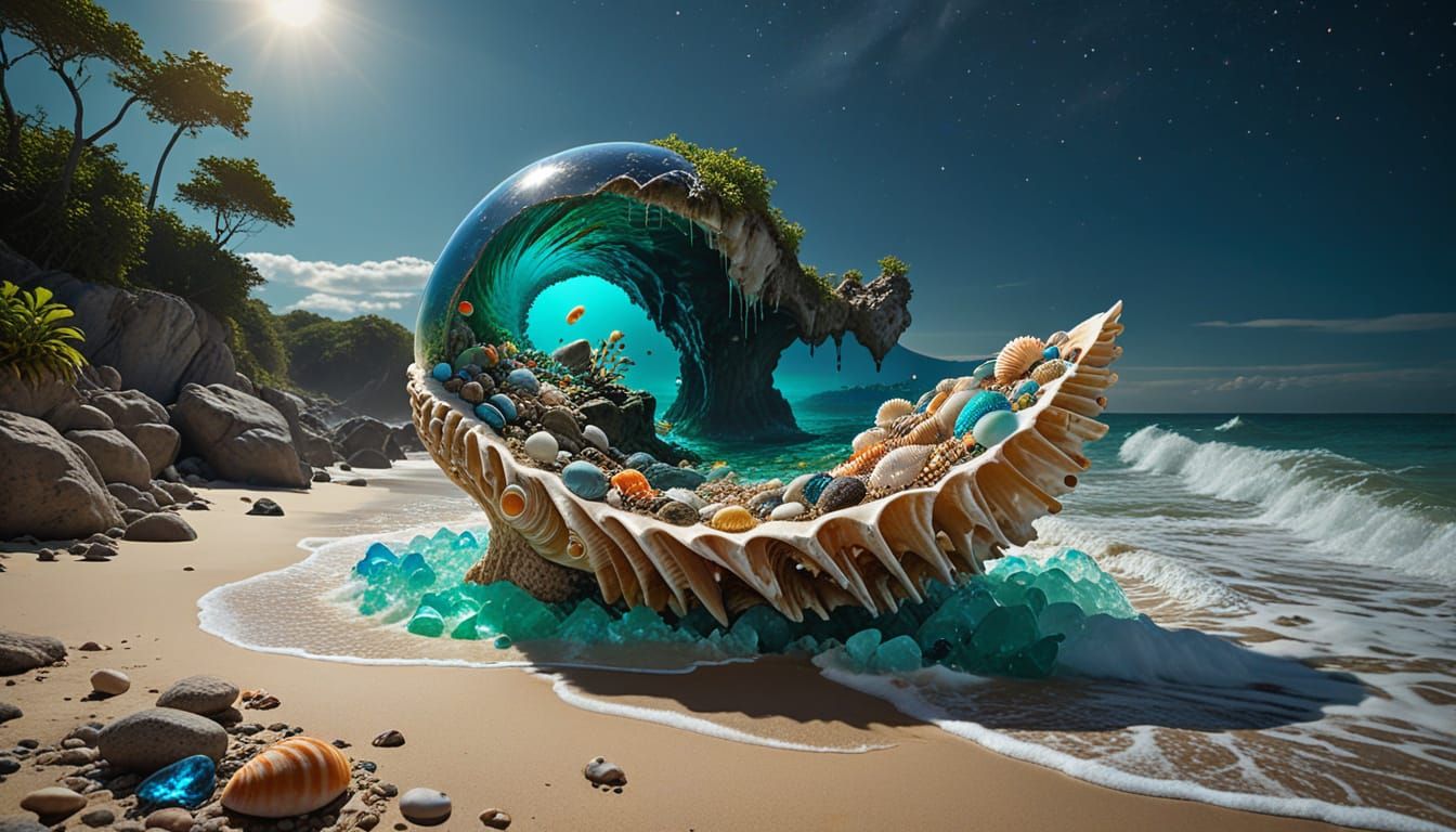 Island Paradise Inside Seashell: Surreal 3D Render