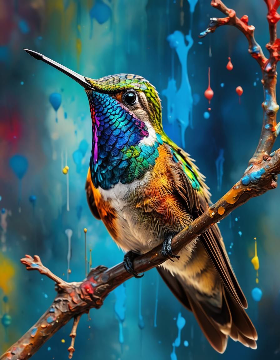 Hummingbird Portrait in Vibrant Oil Painting Style