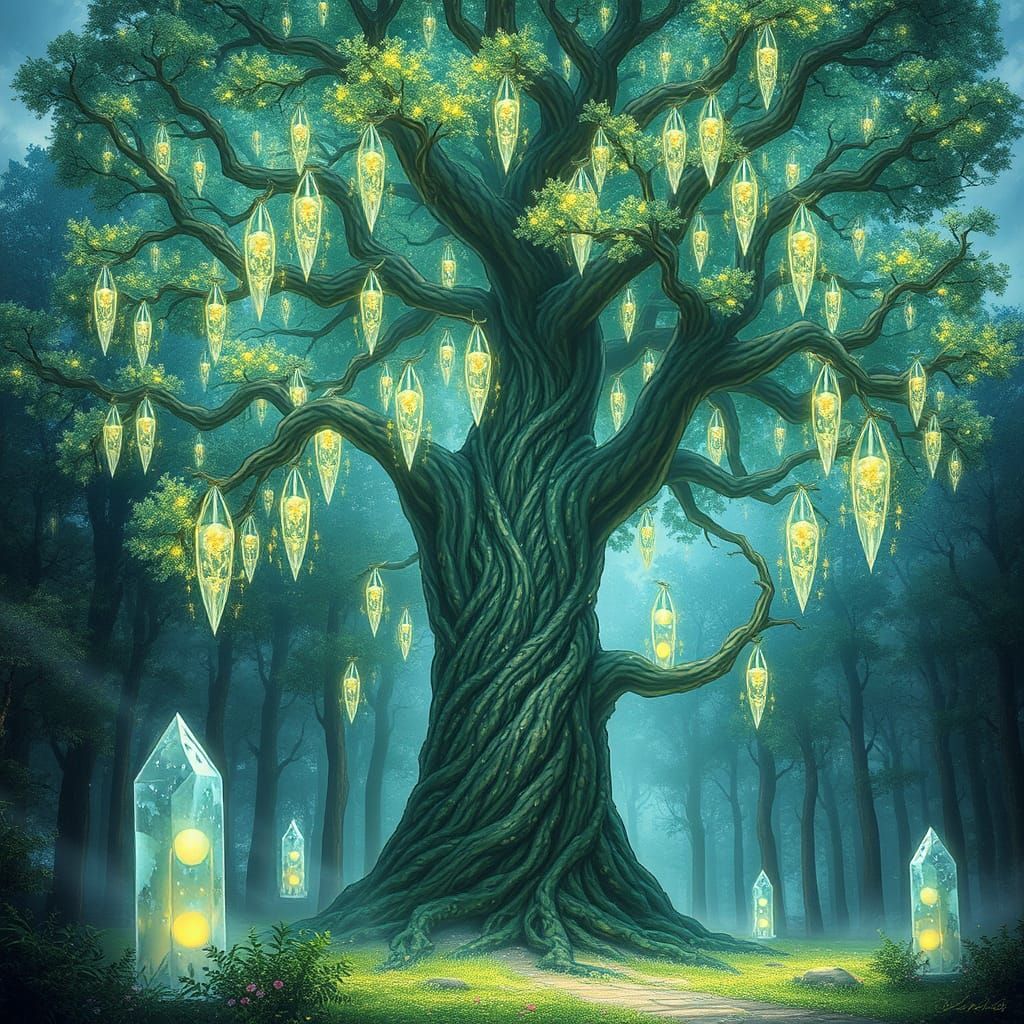 Fantasy Tree with Crystal Leaves Shines in Enchanted Forest