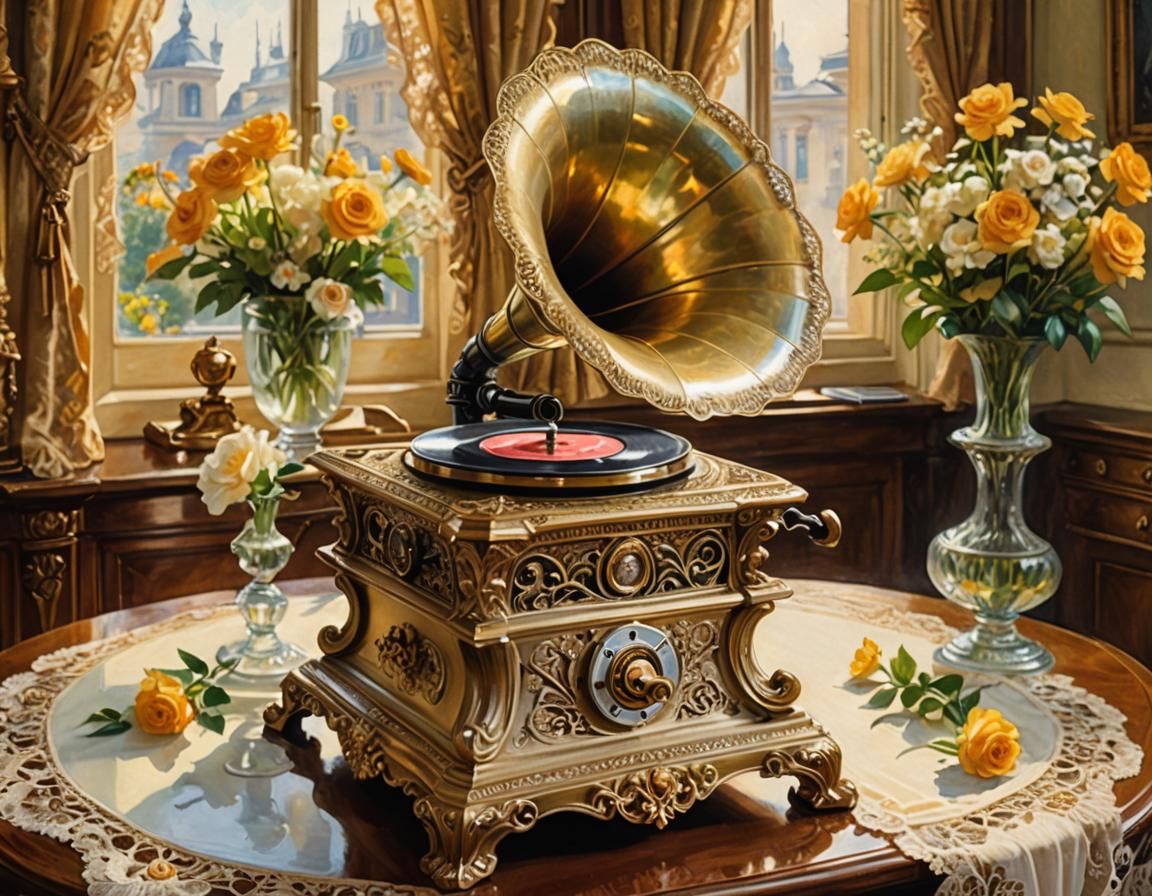 Brass Gramophone in Watercolor Impressionism Style
