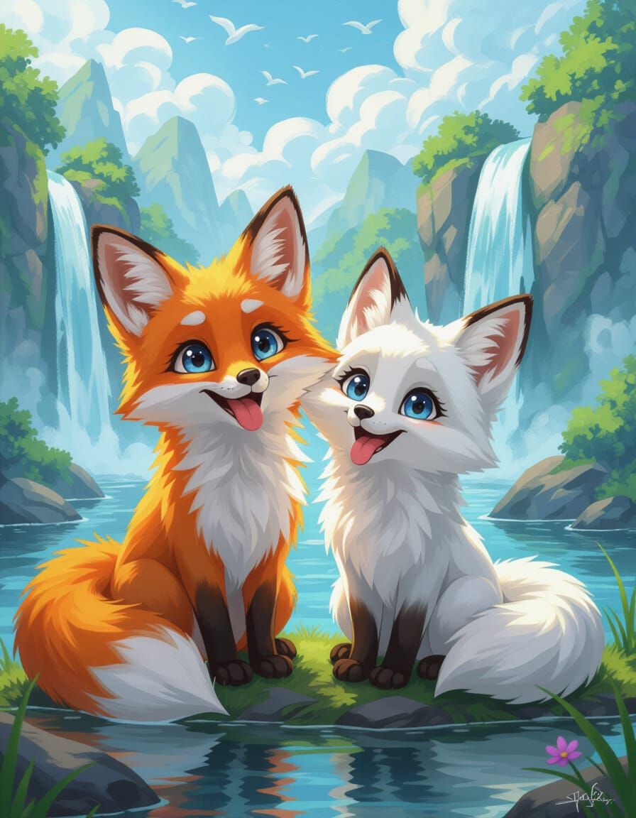 Two Adorable Foxes Playing in Fantasy Landscape
