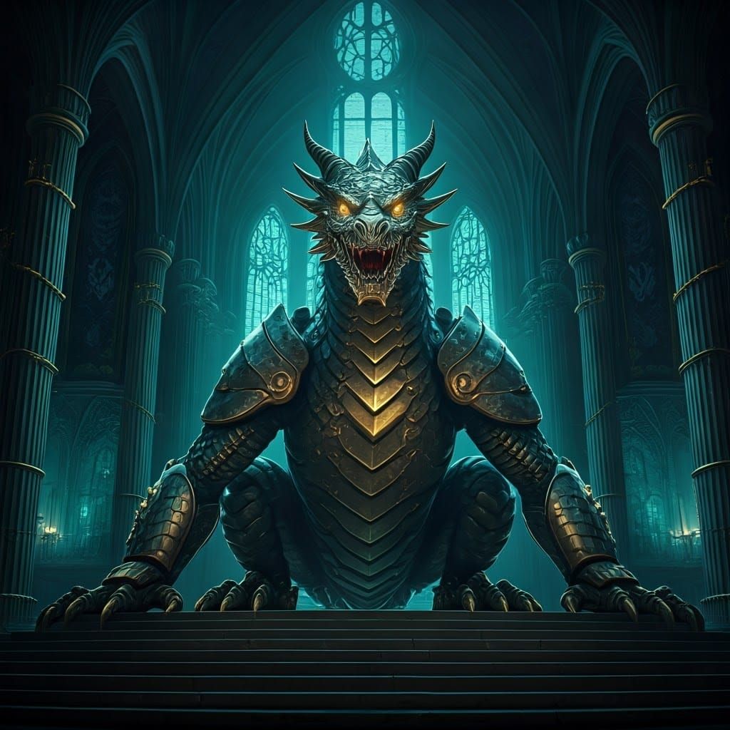 Metallic Golem Dragon in Mystical Chamber