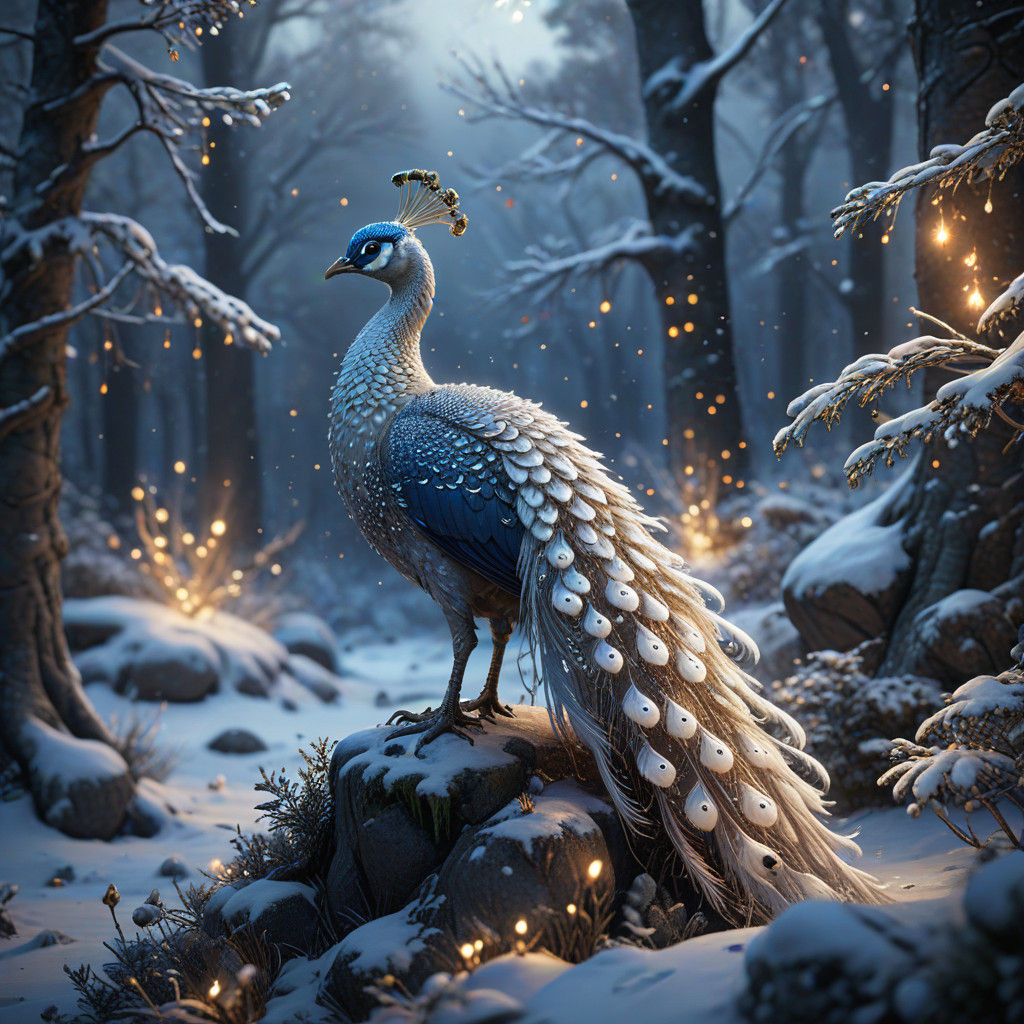 Winter Enchanted Peacock in Hyper-Realistic Fantasy Scene