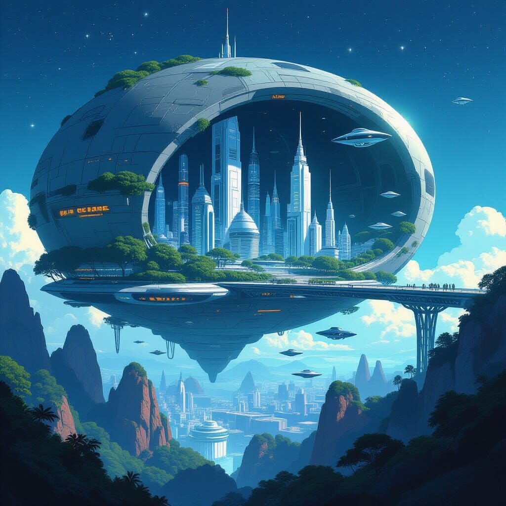 Futuristic Asteroid City with Lush Gardens