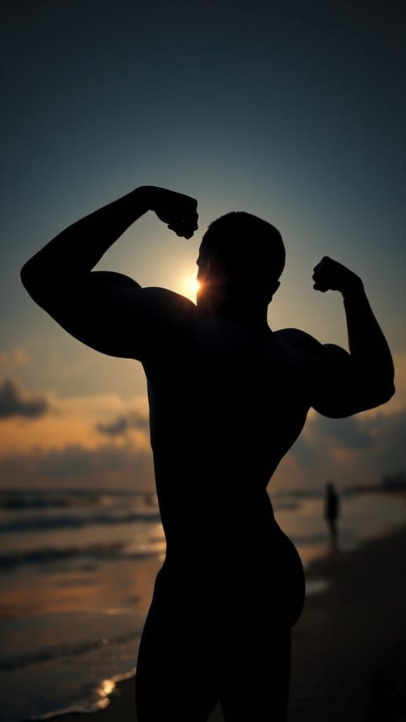 Athletic Muscular Man in Profile Flexing Against Sunset
