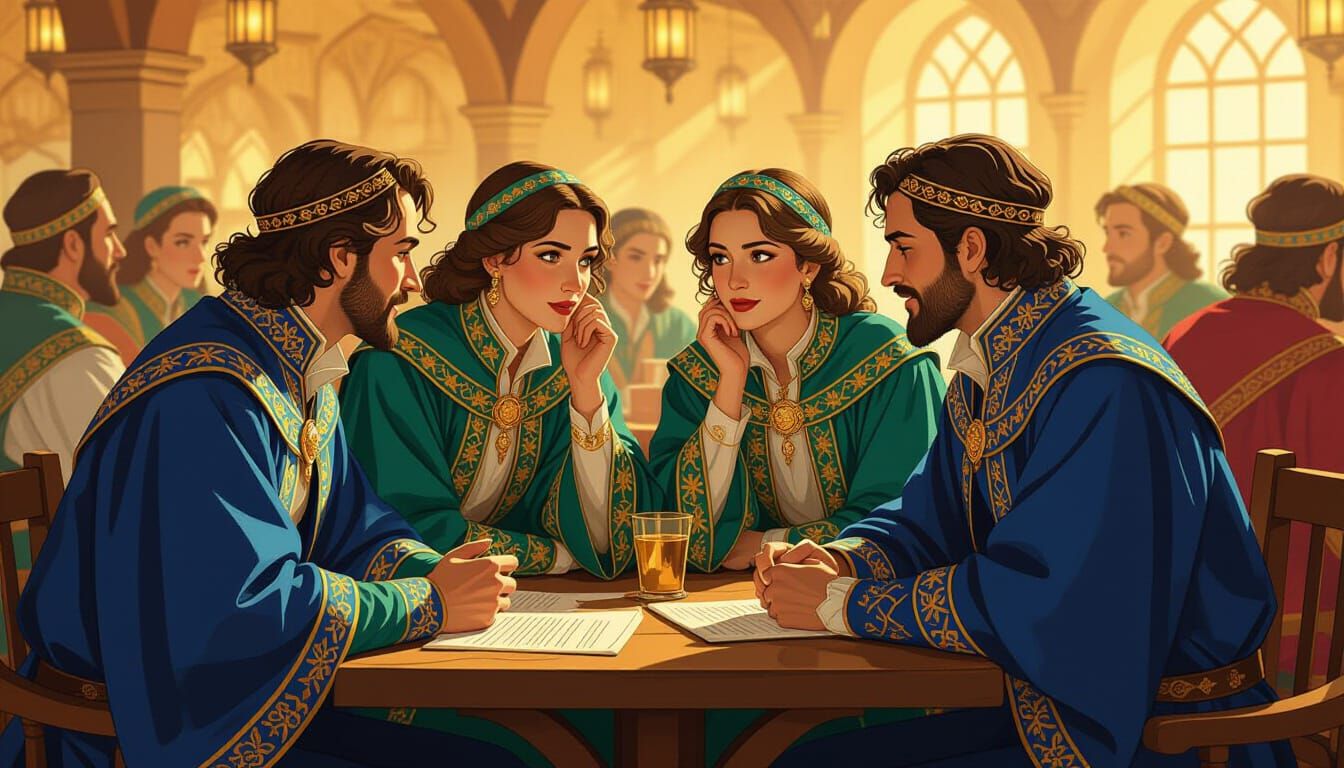 Medieval Debaters in Gold-Trimmed Robes in Golden Tavern