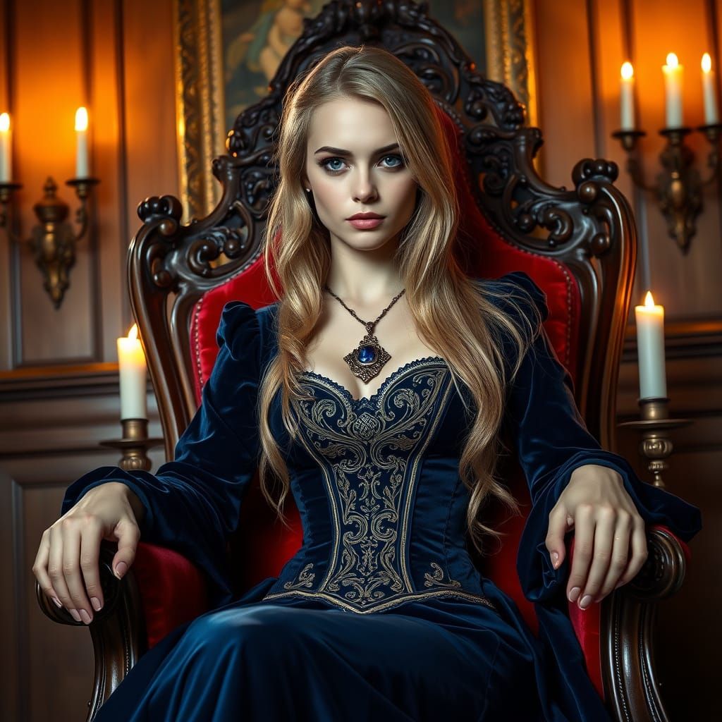 Elegant Medieval Goddess in Lavish Velvet Gown