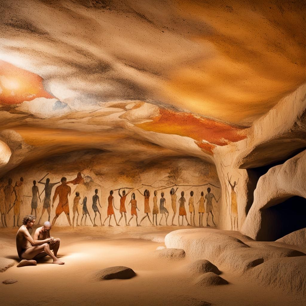 Hyperrealistic Cave Painting of Prehistoric People