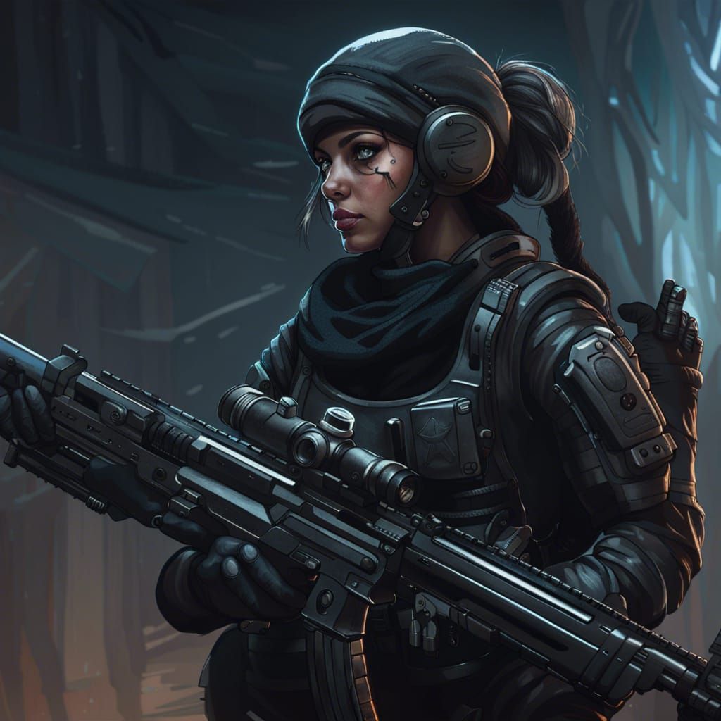 Female Soldier with Sniper Rifle, Dark Fantasy Art