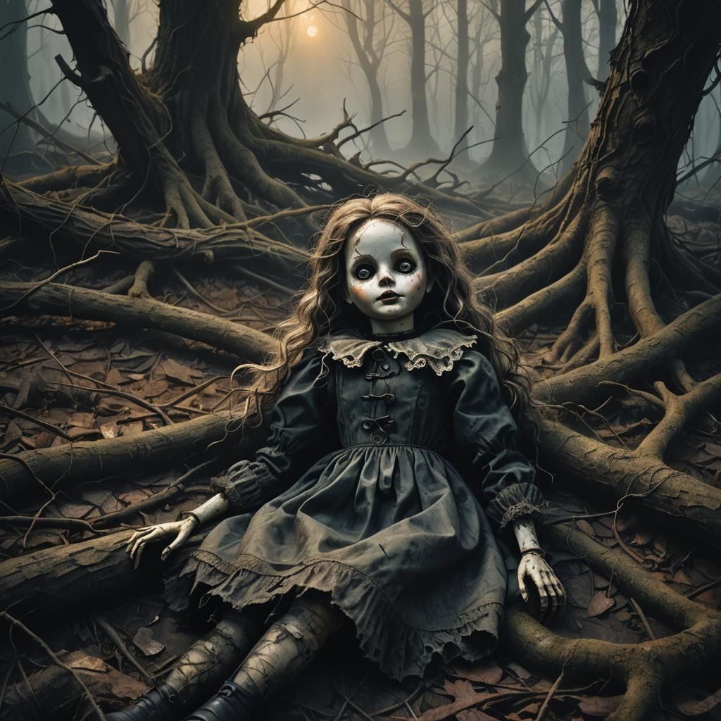 Creepy Doll Abandoned in Misty Forest: Gothic Oil Painting