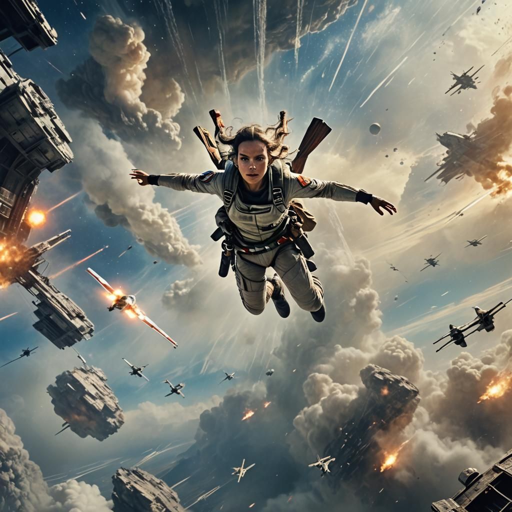Rey Skywalker Skydiving from X-wing in Nebula