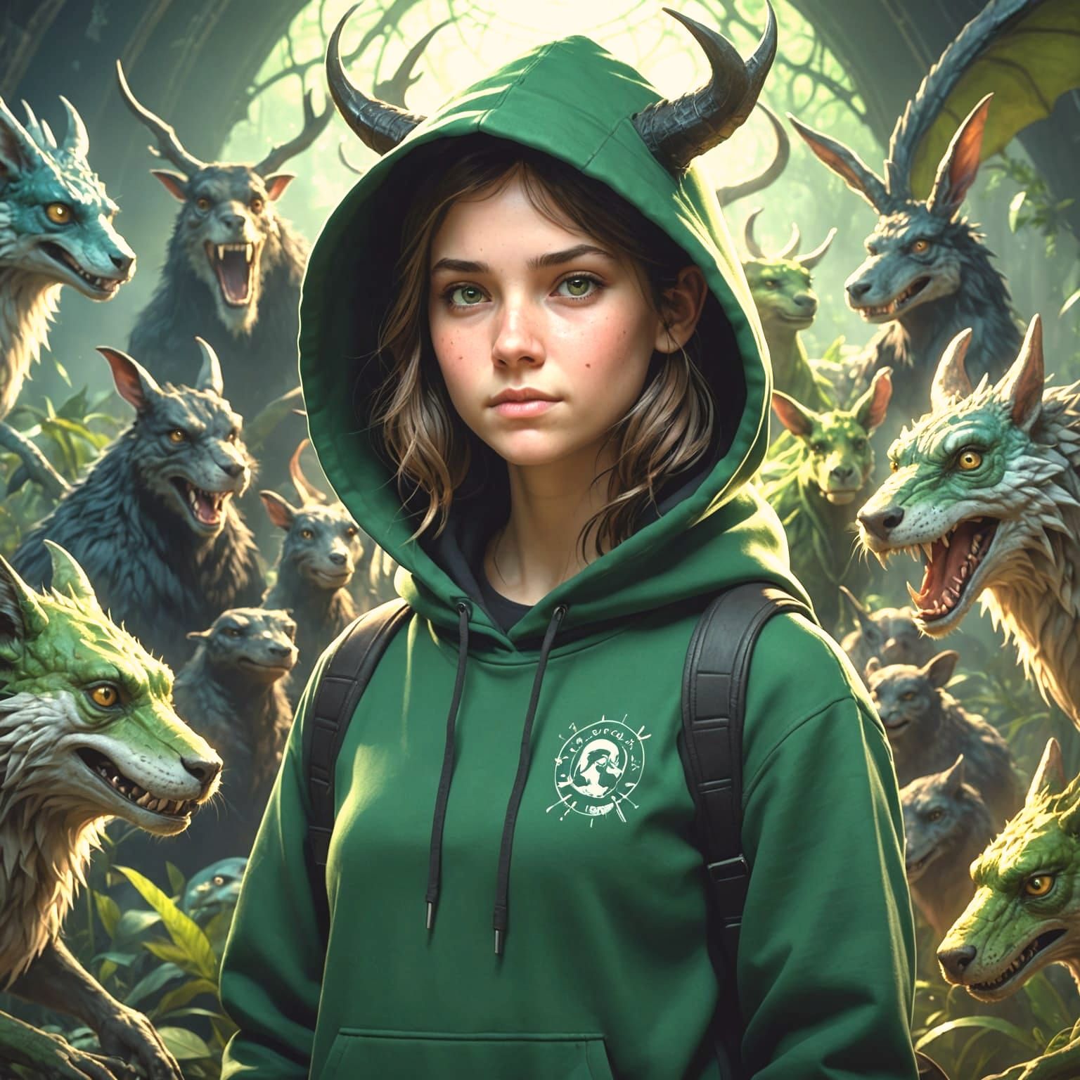Girl in Hoodie Surrounded by Magical Creatures