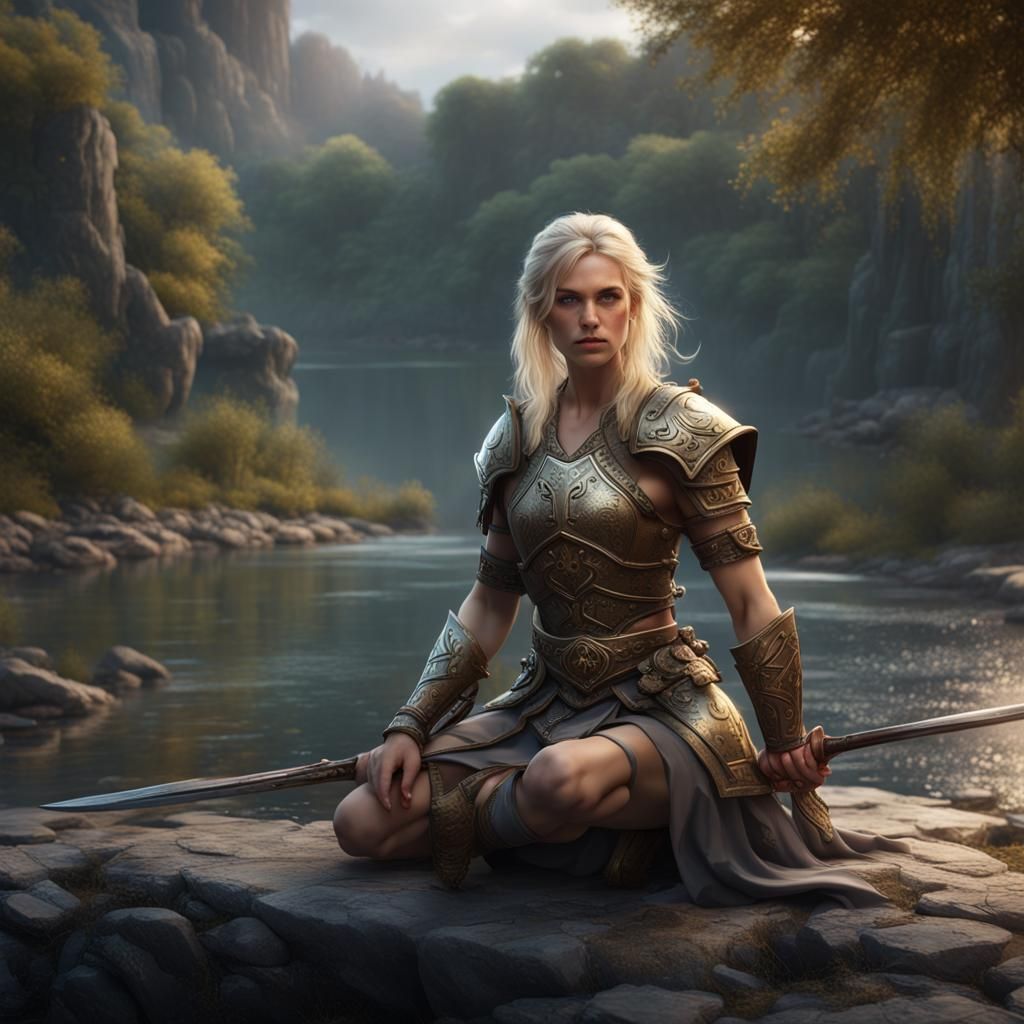 Blond Warrior Girl Near River: Fantasy Concept Art