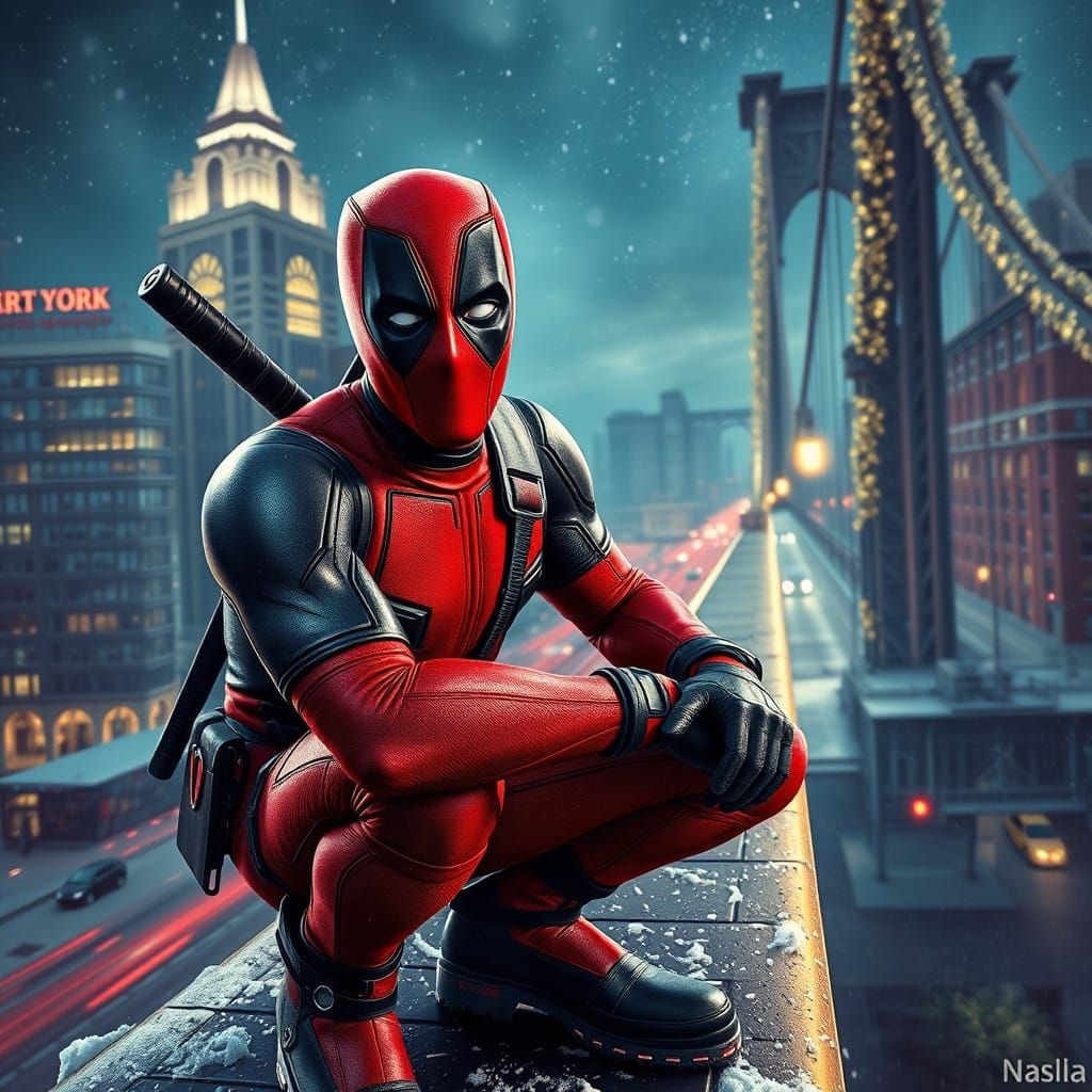 Surreal Hyperrealistic Deadpool Bridges City Christmas Eve