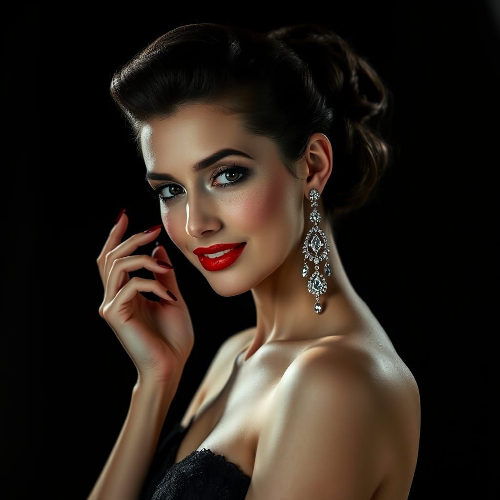 BEAUTIFUL WOMAN exuding elegance and sophistication, with a timeless 1940s-style updo. Her striking features are accentu...