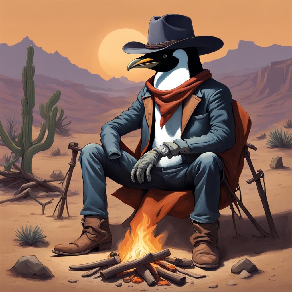 Penguin Cowboy at Desert Campfire in Sinister Style