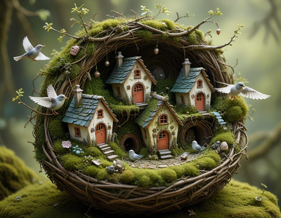 Whimsical Bird's Nest Village in Ethereal Fantasy Style